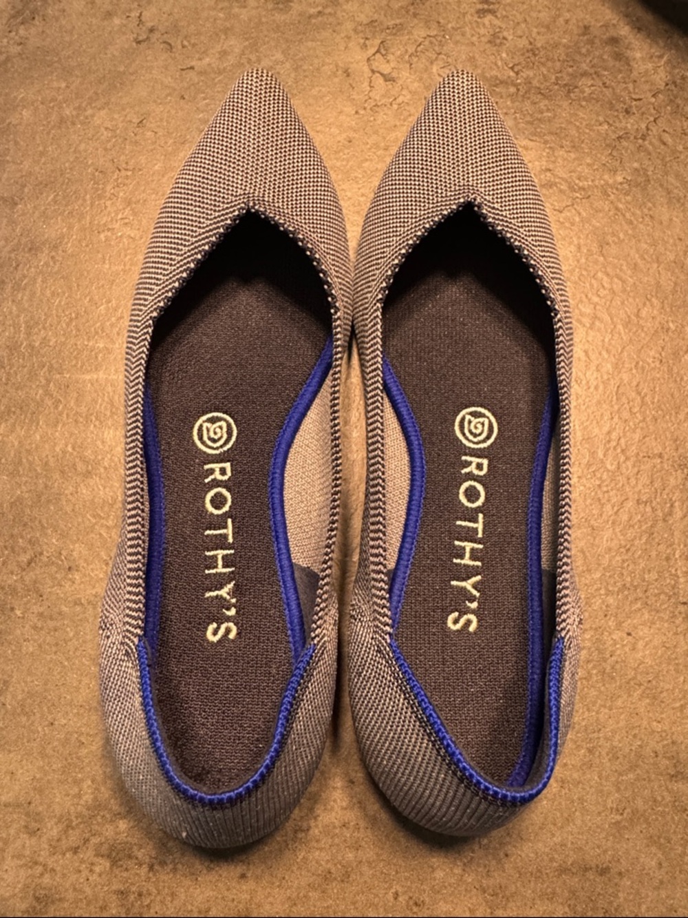 Rothy's Pointed Toe Flats in Gray with Blue Trim